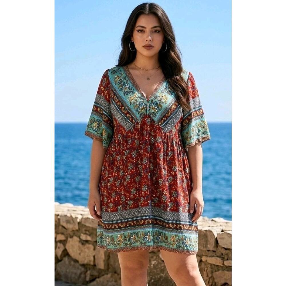 Suzanne Betro Womens 2X Bohemian Flutter Sleeve Red Floral Multi Hippie Festival